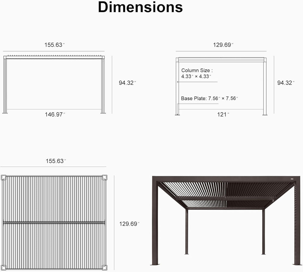 11' × 13' Louvered Aluminum Pergola with Roller Blinds D493