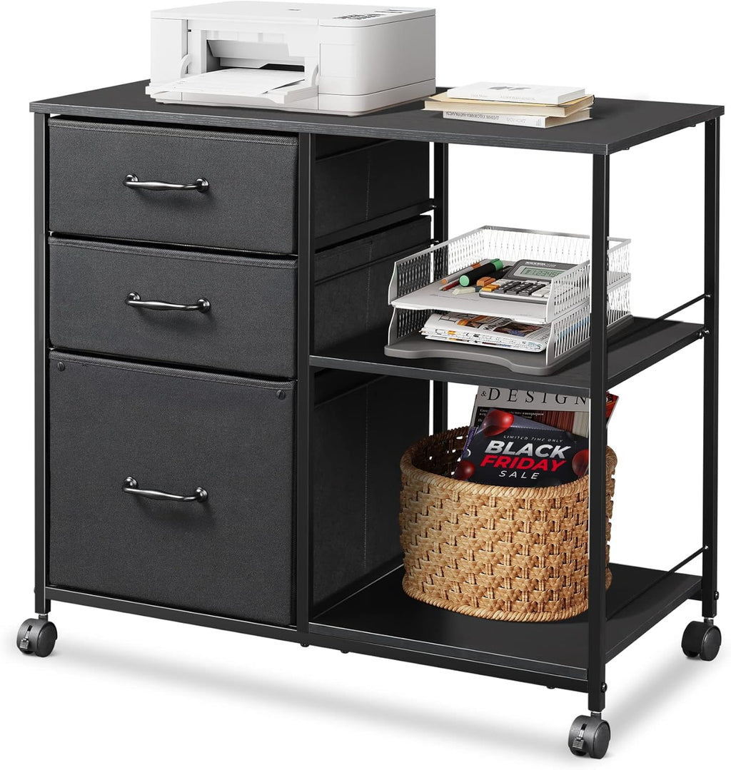 3 Drawer Mobile File Cabinet with Open Storage Shelf, Black D7982