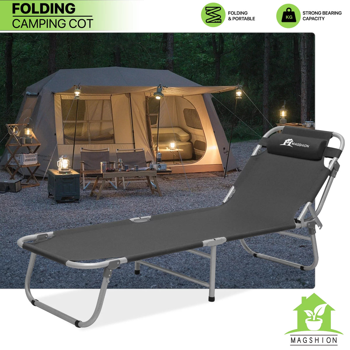 Black Portable Folding Camping Cot with Carry Bag K8853