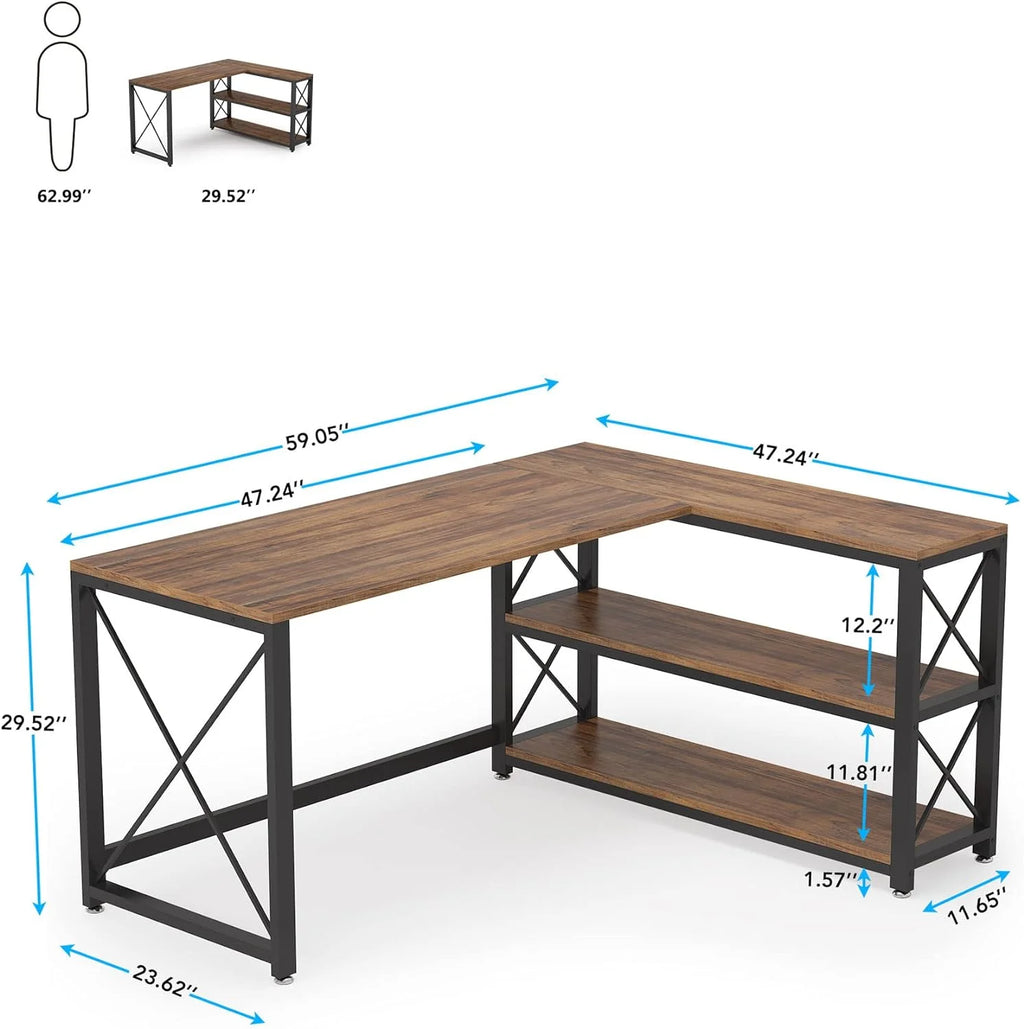 Reversible Industrial L-Shaped Desk with Storage Shelves, Corner Computer Desk (Brown, 59") S351907