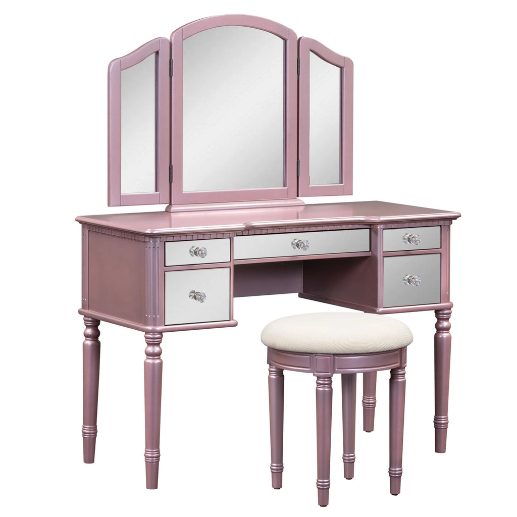 Pink Vanity Set with Tri-Fold Mirror and Stool U905633