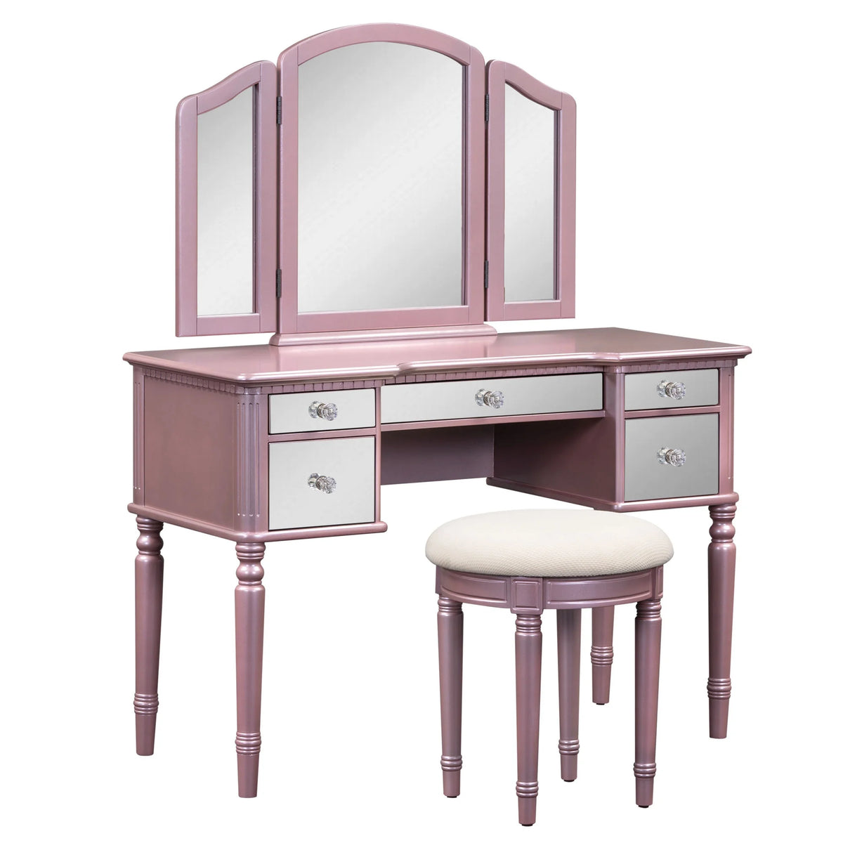 Pink Vanity Set with Tri-Fold Mirror and Stool U905633
