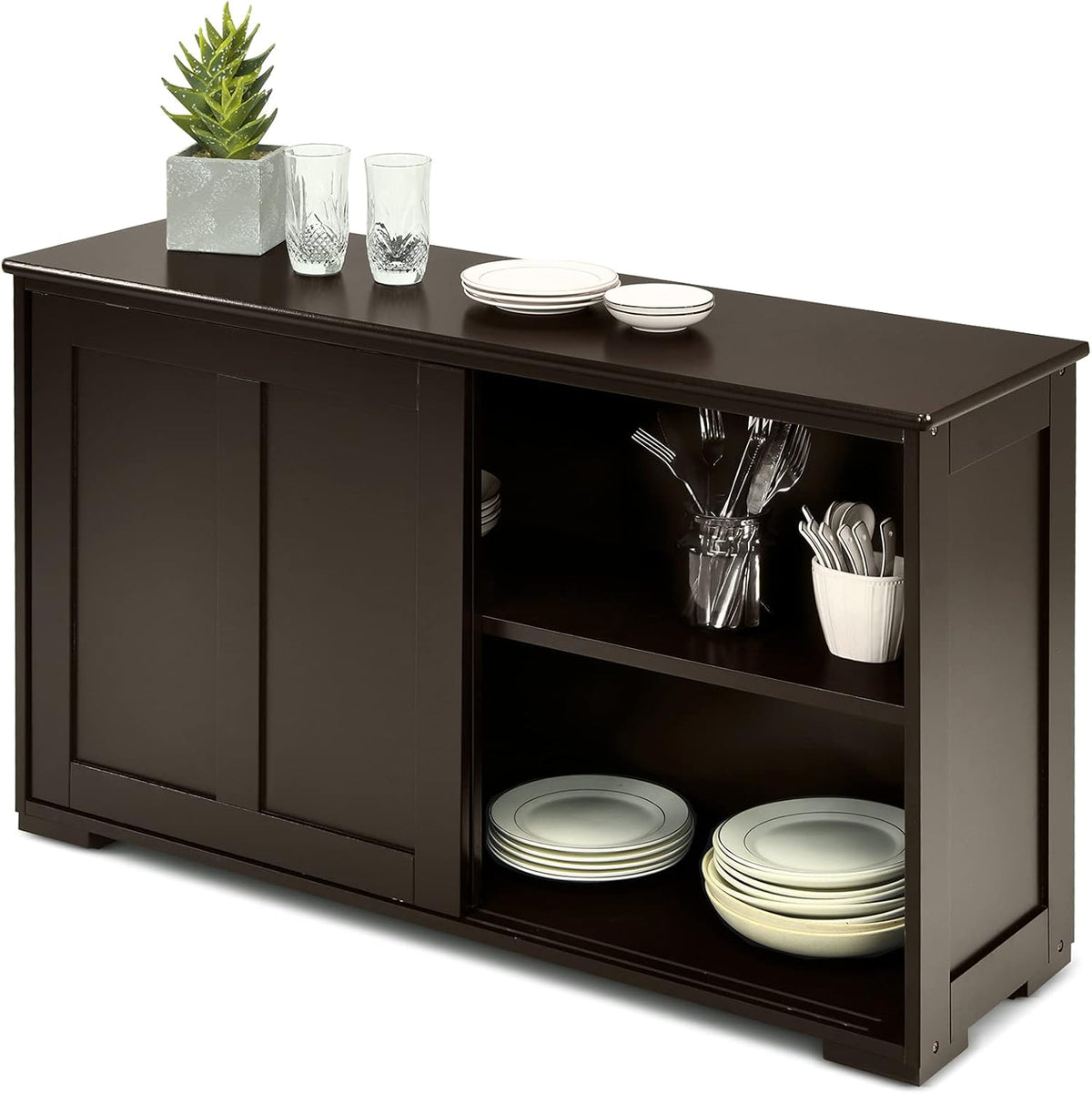Brown Double-Layer Sliding Slat Door Storage Cabinet W976344