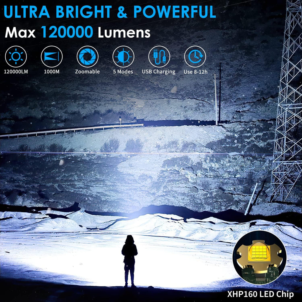 Rechargeable Tactical Flashlight, 120000 Lumens, 5 Modes, Zoomable, Waterproof J361