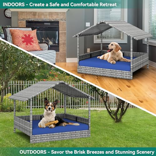 Large Wicker Dog House with Cushion and Canopy N115681