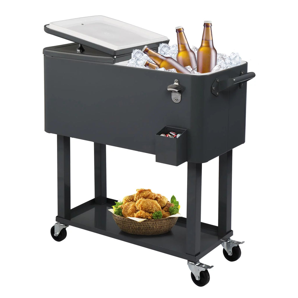 80QT Rolling Cooler Cart with Shelf Gray Q66771