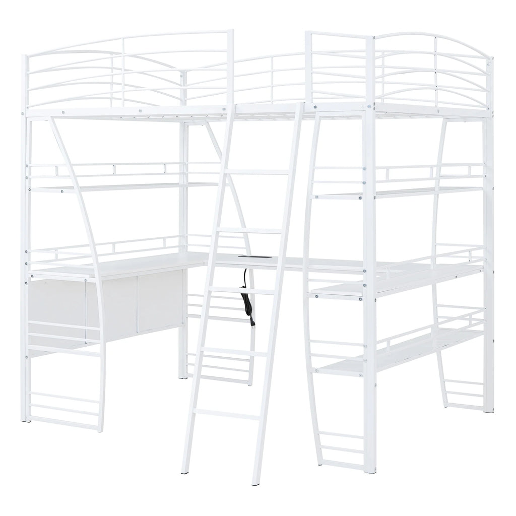 Full Size White Loft Bed with Shelves and L-shaped Desk N412999
