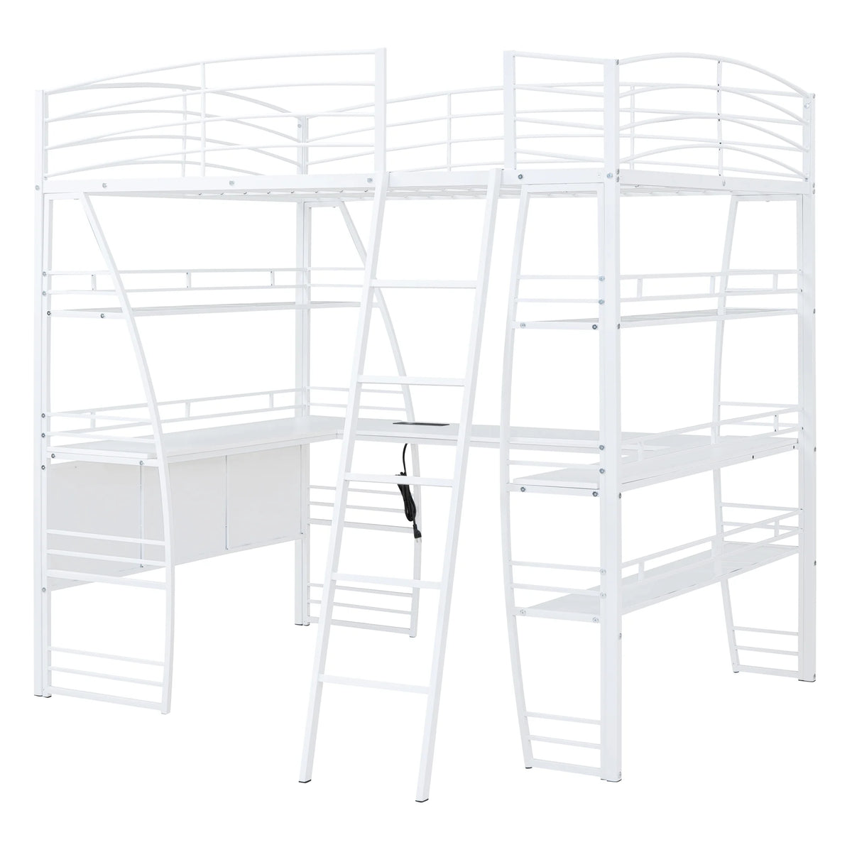 Full Size White Loft Bed with Shelves and L-shaped Desk N412999