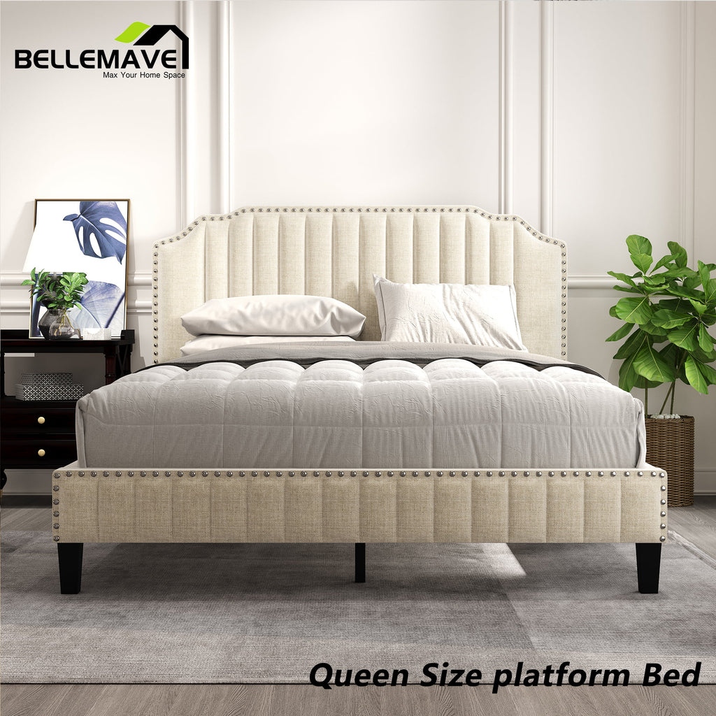 Linen Upholstered Platform Bed Frame Queen Size with Headboard T781