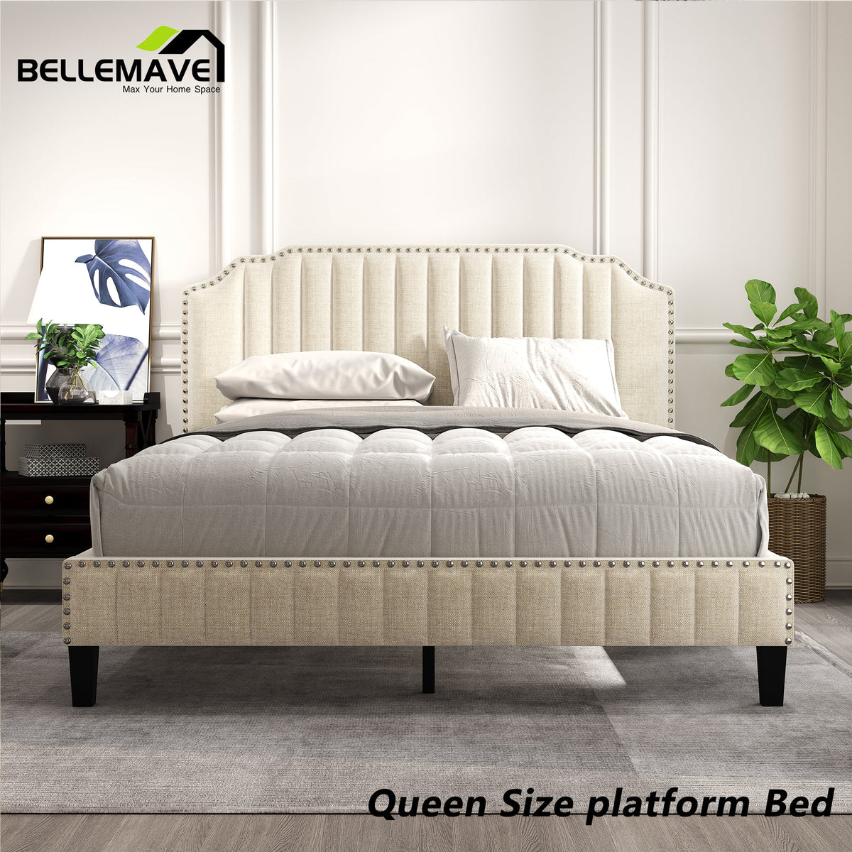 Linen Upholstered Platform Bed Frame Queen Size with Headboard T781