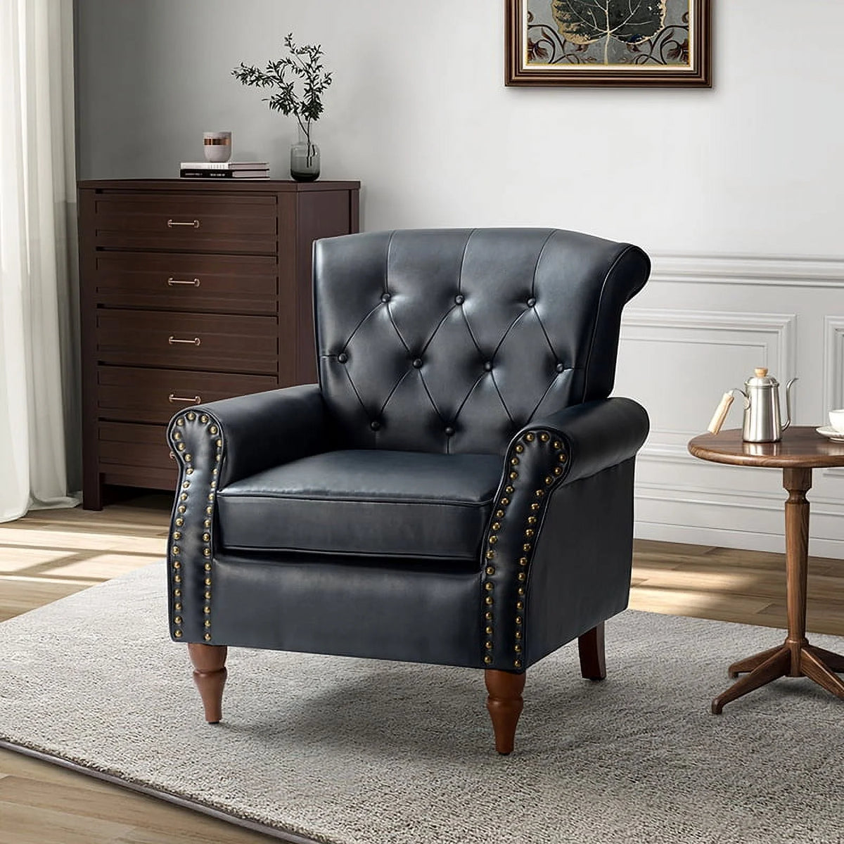 Navy Mid-Century Upholstered Accent Armchair with Wooden Legs U6154