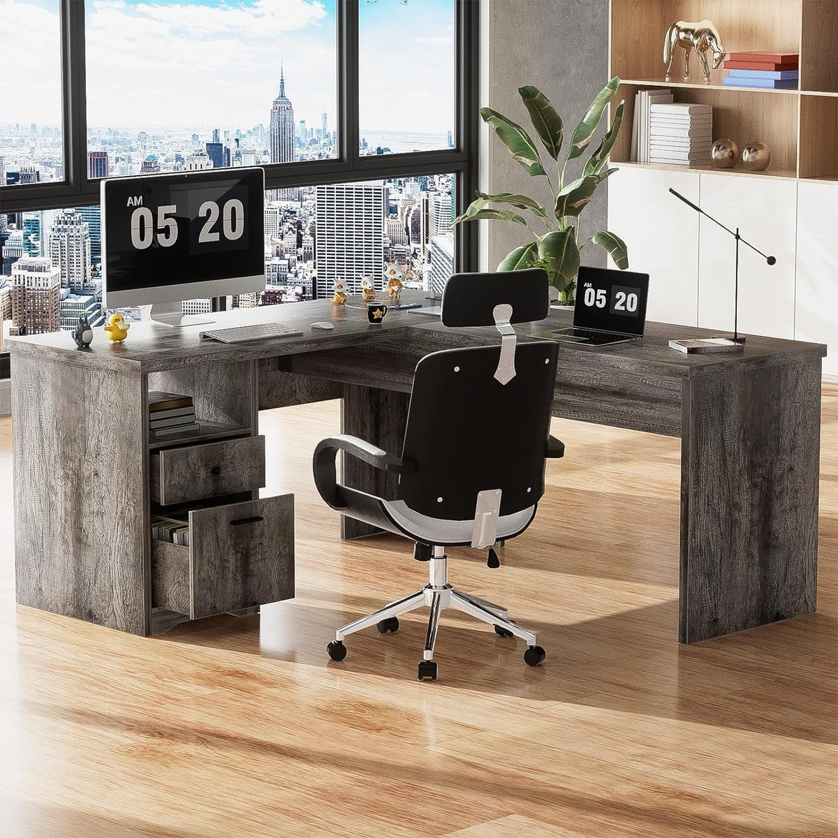 L Shaped Desk with Power Outlets and USB Charging Ports, Lift Top Corner Computer Desk with Drawer, Black Oak D18989
