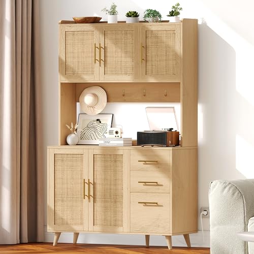 Black and Natural Tall Kitchen Pantry Cabinet with Microwave Shelf and Charging Station M729