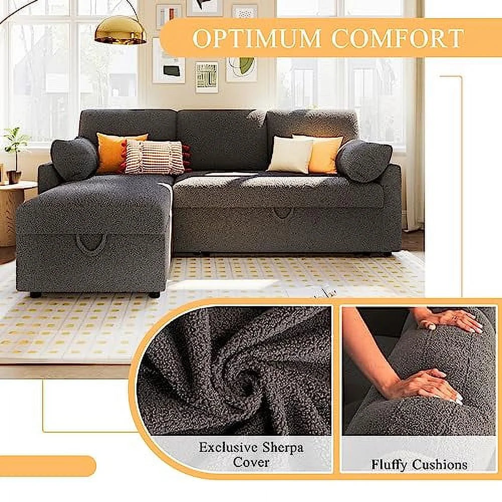 White Sherpa Sleeper Sofa with Storage Chaise V601179