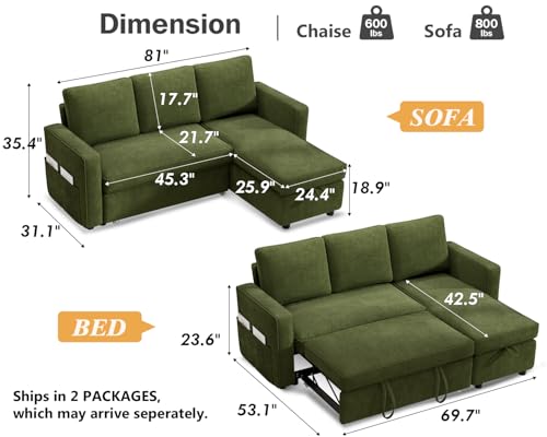 Green Chenille L Shaped Sleeper Sofa with Pull Out Bed E122