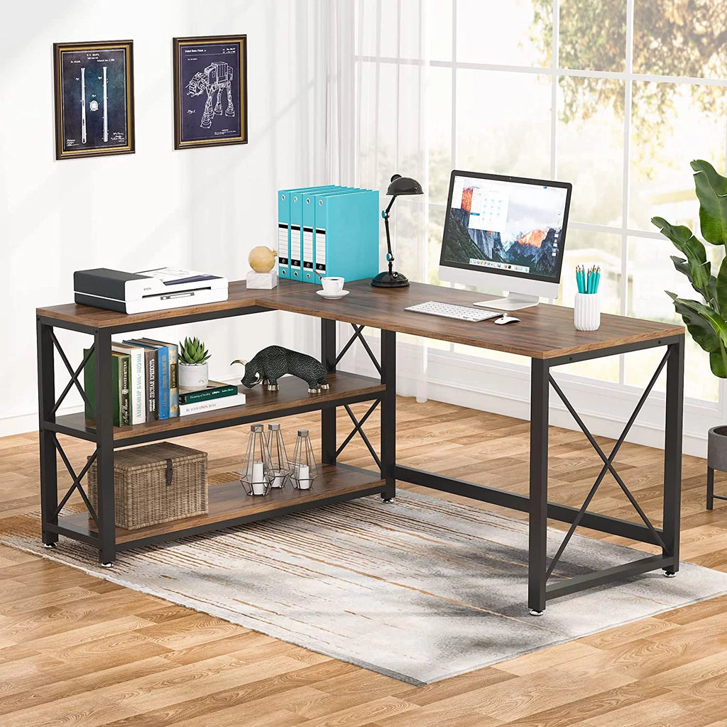 Reversible Industrial L-Shaped Desk with Storage Shelves, Corner Computer Desk (Brown, 59") S351907