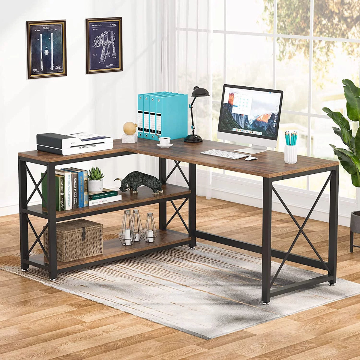 Reversible Industrial L-Shaped Desk with Storage Shelves, Corner Computer Desk (Brown, 59") S351907