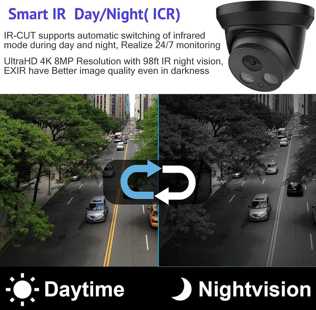 4K 8MP Outdoor PoE IP Camera with Mic/Audio, 98ft Night Vision, Black A790226