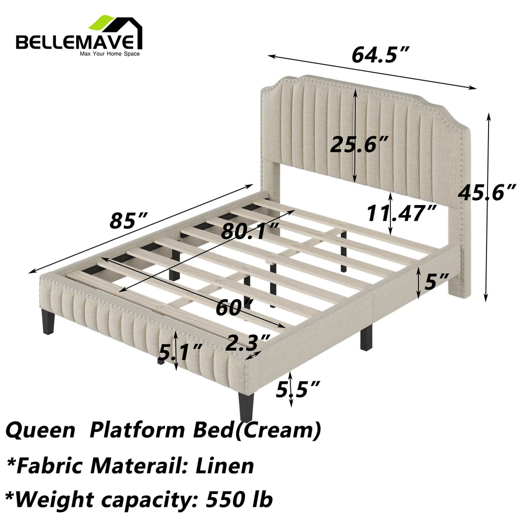 Linen Upholstered Platform Bed Frame Queen Size with Headboard T781