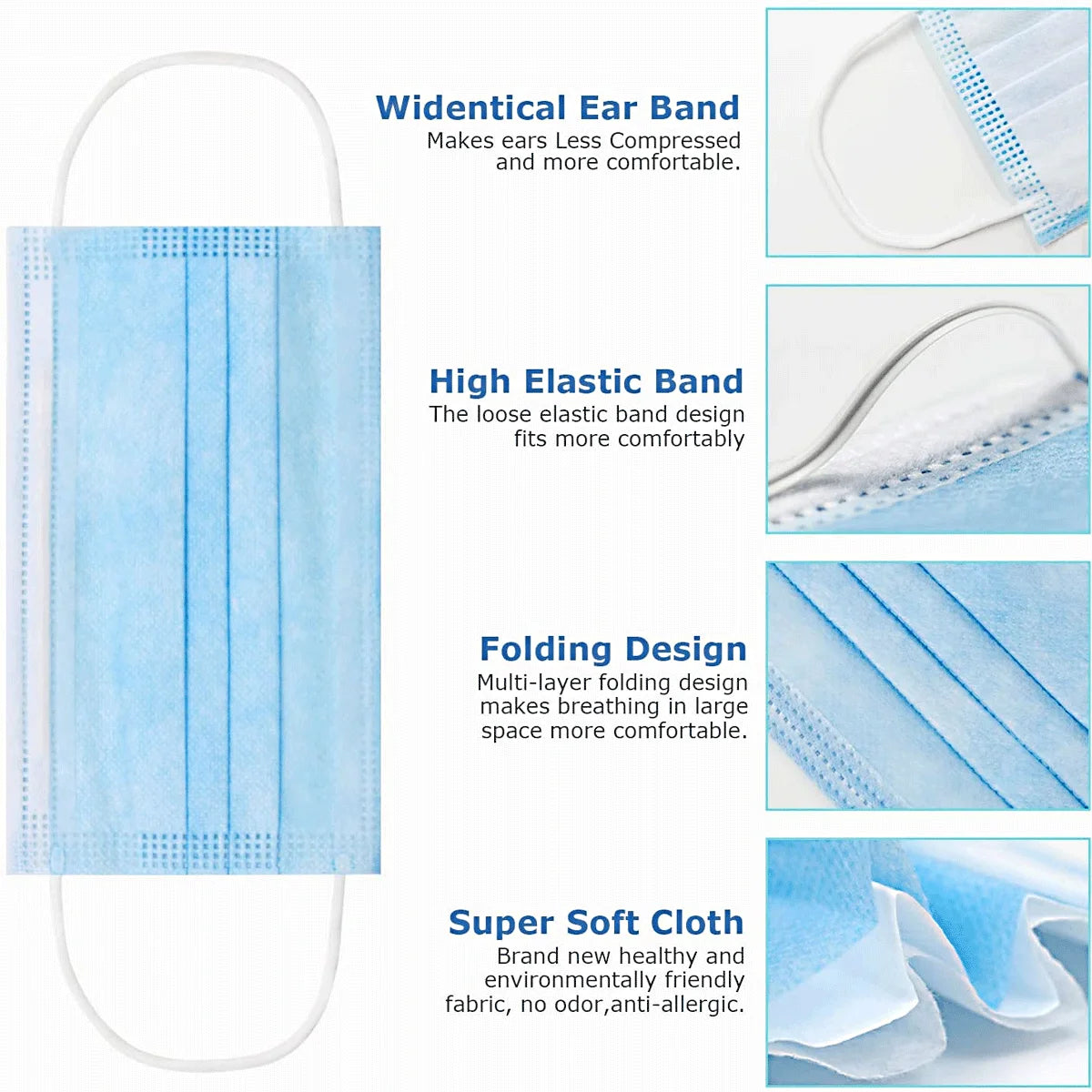 1000Pcs Blue 3-Ply Disposable Face Masks N8019