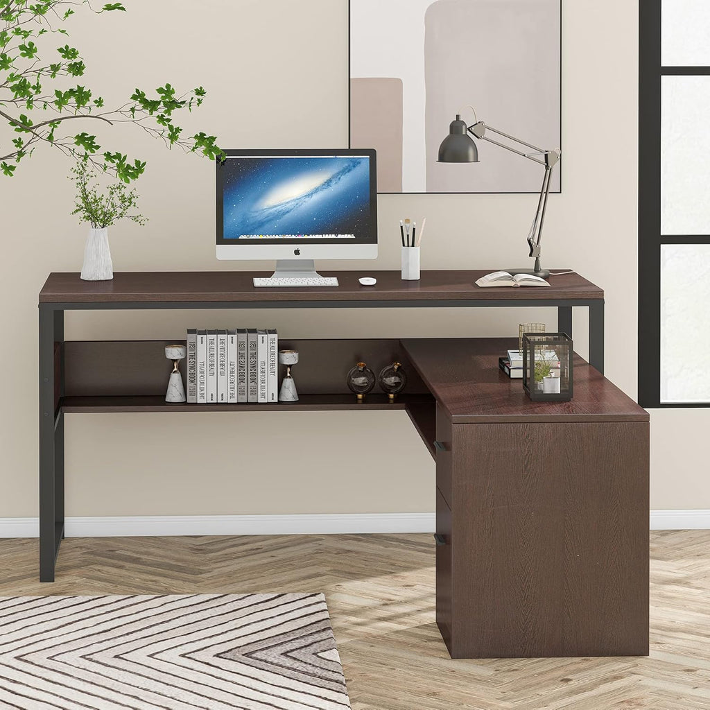 Cherry L-Shaped Computer Desk with Bookshelf and File Cabinet S638