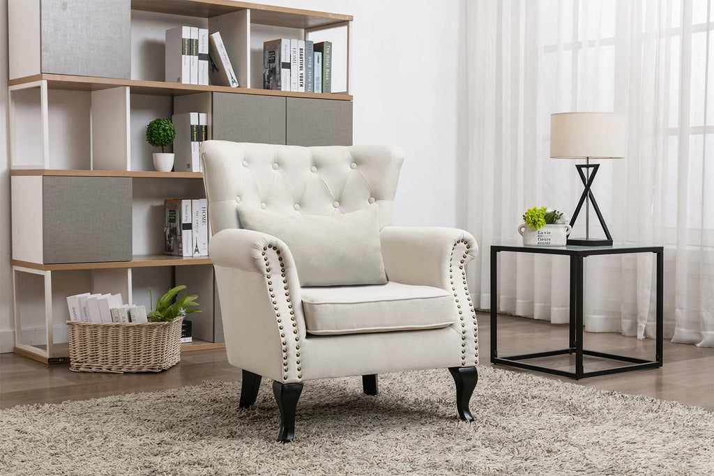 Beige Linen Tufted Accent Chair with Pillow N9360