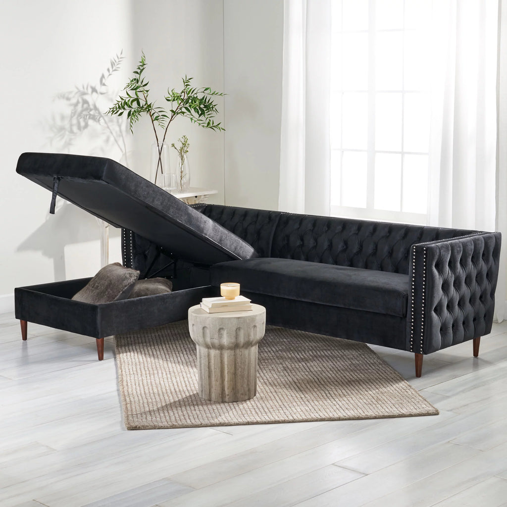 Black Velvet Sectional Sofa with Storage Chaise Q272449
