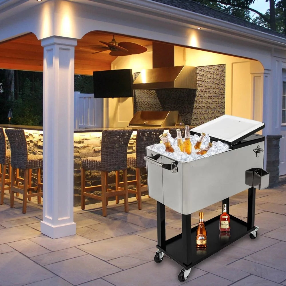 80QT Rolling Cooler Cart with Shelf Gray Q66771