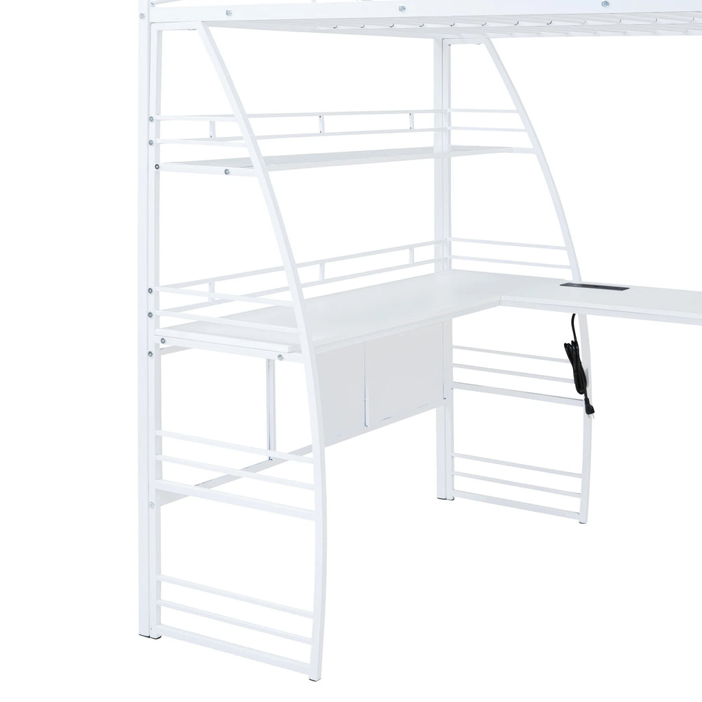 Full Size White Loft Bed with Shelves and L-shaped Desk N412999