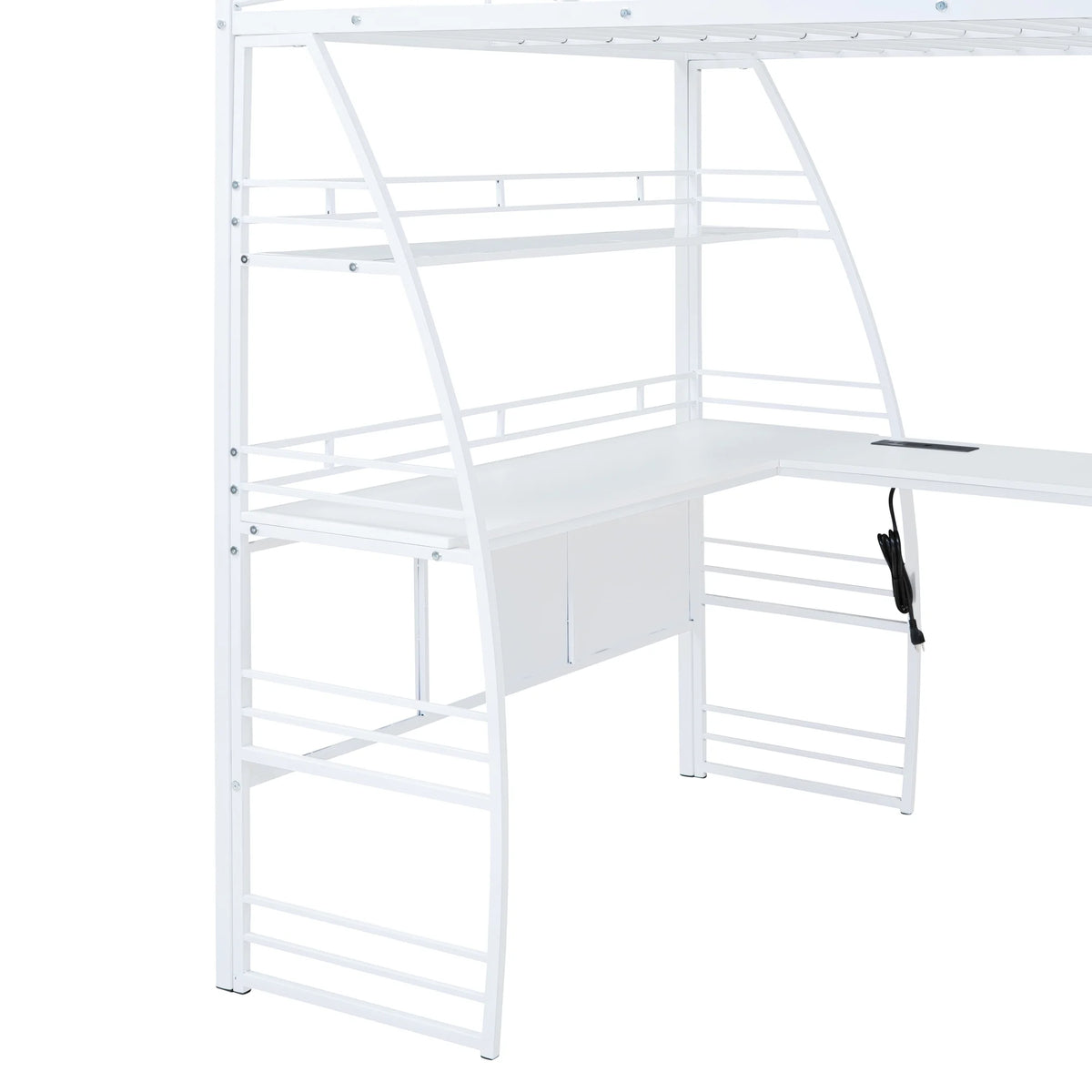 Full Size White Loft Bed with Shelves and L-shaped Desk N412999