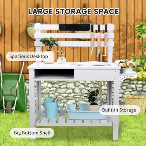 Wooden Potting Bench Table with 3 Side Hook Shelf Z70310