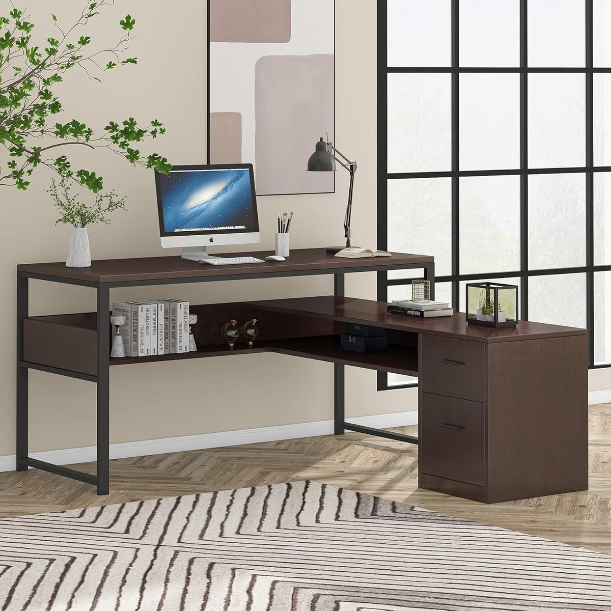 Cherry L-Shaped Computer Desk with Bookshelf and File Cabinet S638