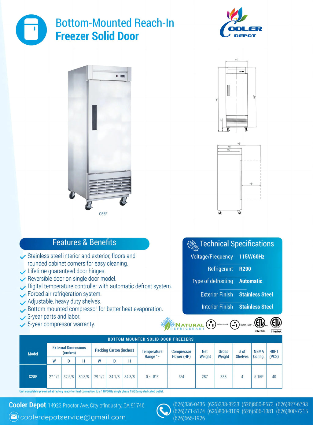 Solid Door Reach-In Freezer Q575