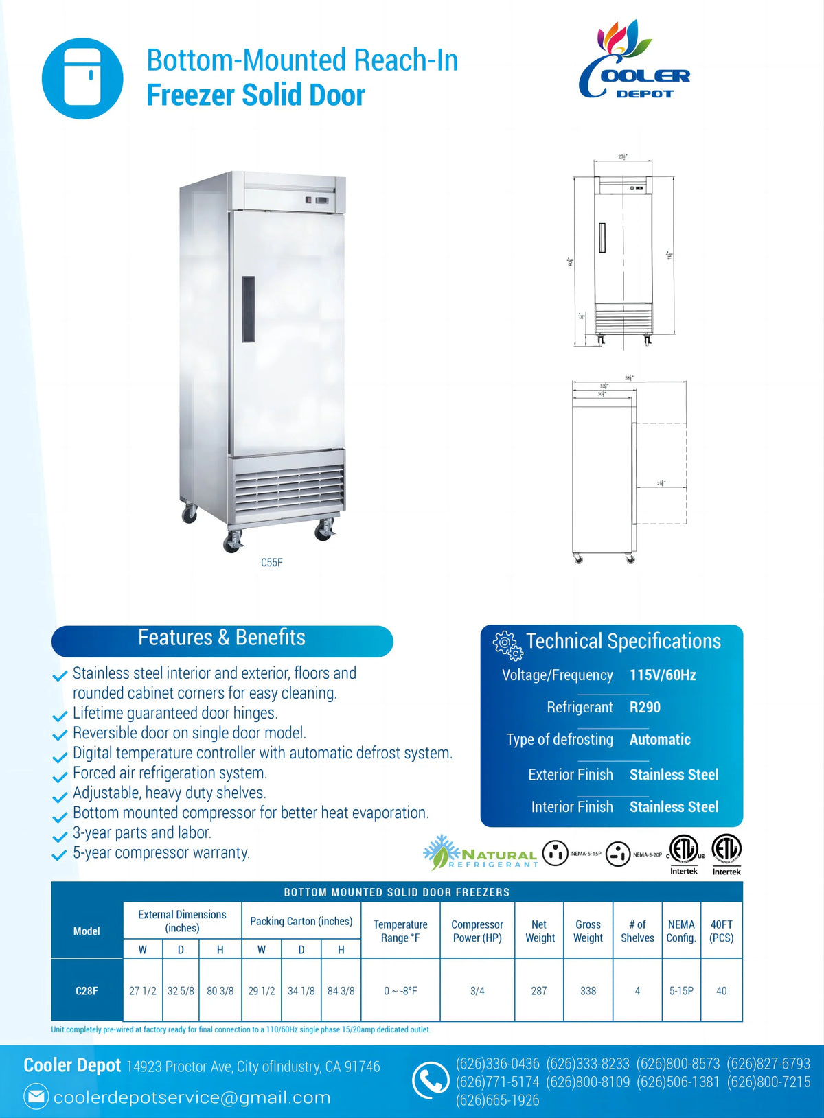 Solid Door Reach-In Freezer Q575