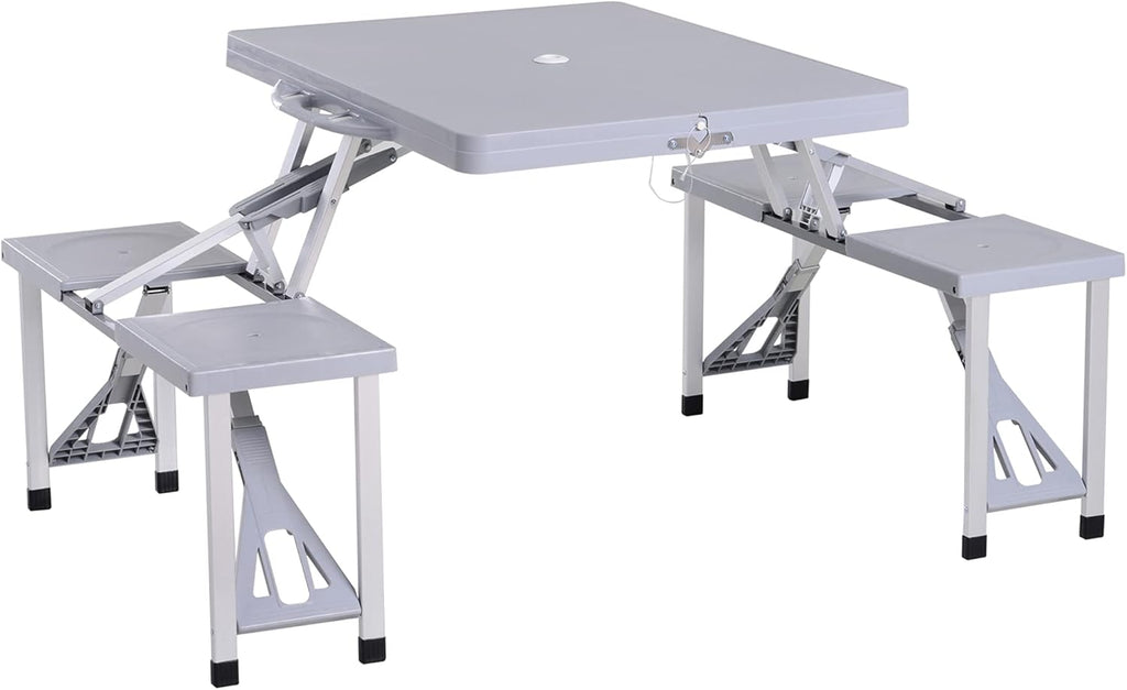 Grey 4-Seats Aluminum Fold Up Picnic Table with Umbrella Hole U719