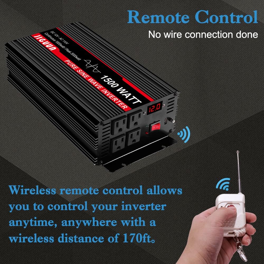 Pure Sine Wave Inverter 1500 Watt DC 12V to AC 120V with LCD, 4 AC Outlets & USB Output, 170ft Wireless Control V77631