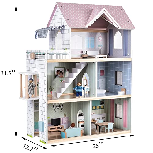 Large Pink Wooden Dollhouse with 15 Pcs Furniture & 3 Dolls M736