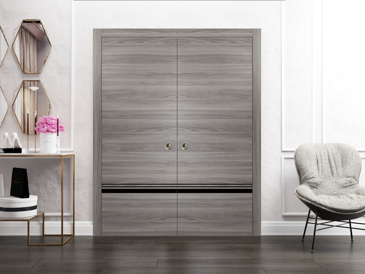 Sliding French Double Pocket Doors 72 x 84 inches Grey Matte with Frosted Glass Solid Wood Interior Doors L5343