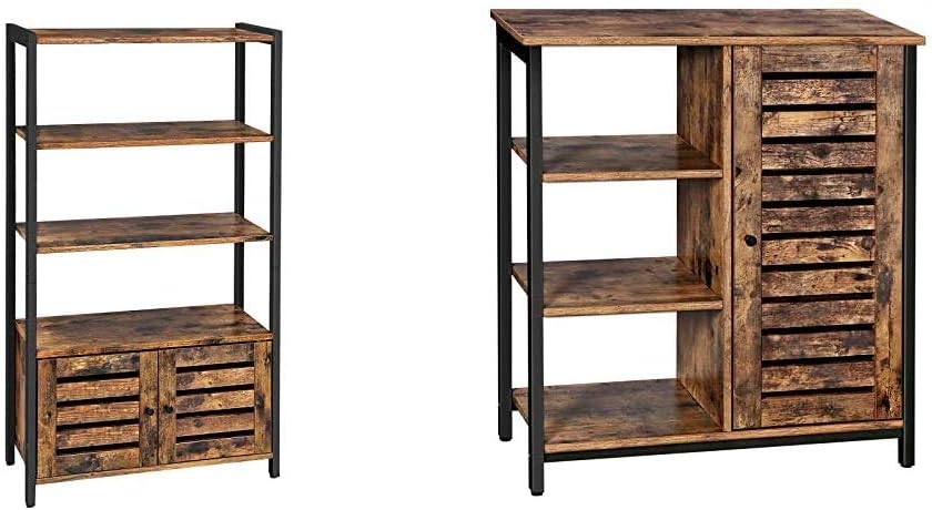 Rustic Brown Bookshelf with 3 Shelves and 2 Louvered Doors, Rustic Brown and Black Storage Cabinet X10472