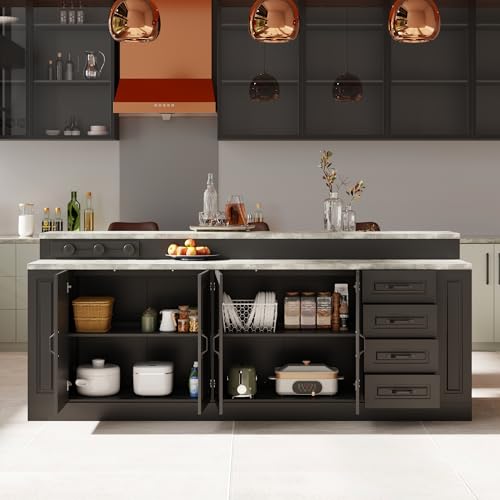 94.5" W Stationary Kitchen Island Storage Cabinet with Power Outlet, 3 Drawers, Black & Marble Grain F55584