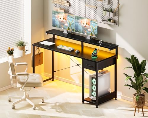 Black 40 Inch Computer Desk with LED Lights, Power Outlet, Drawer, Monitor Stand, Headphone Hook W3083