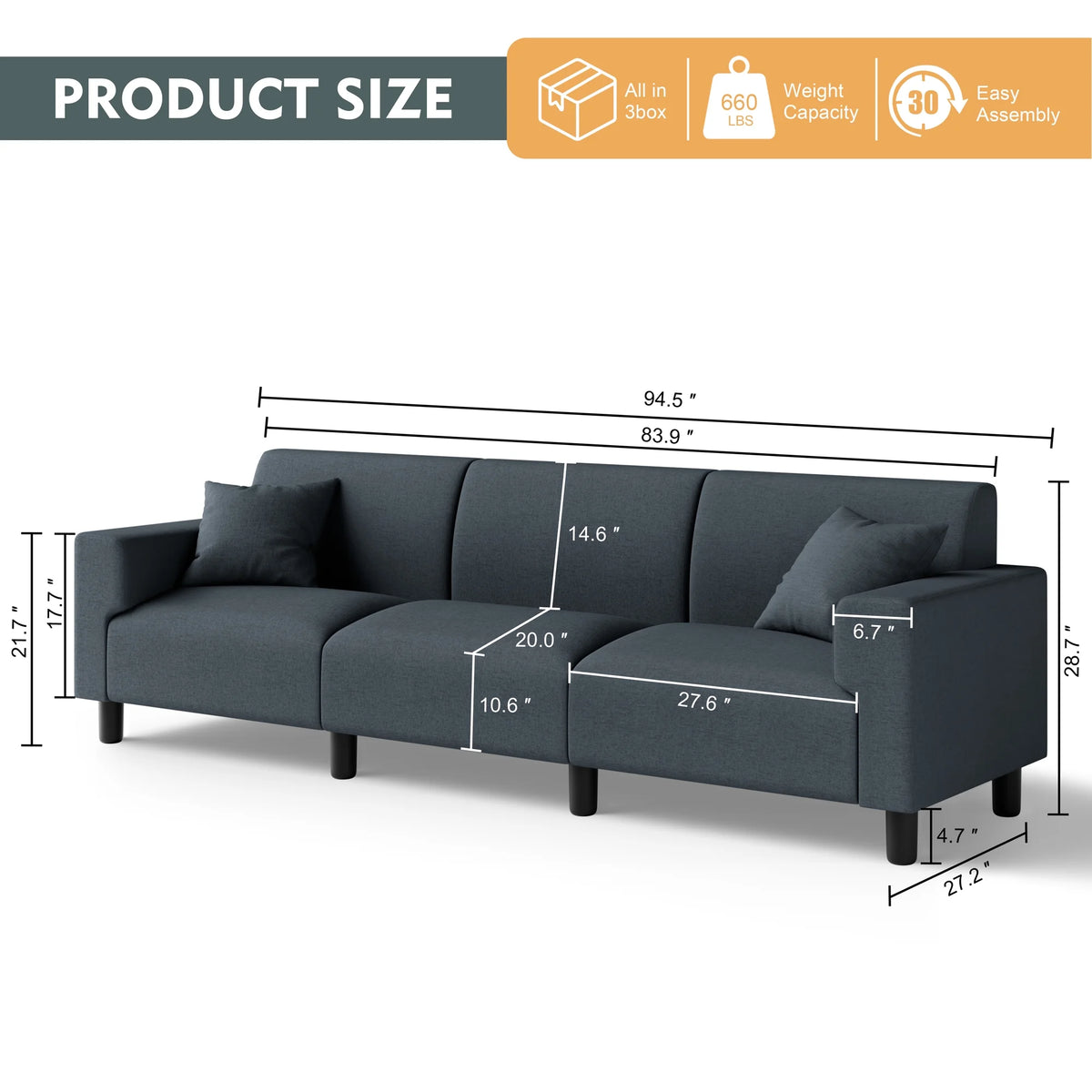 Dark Grey 3-Seater Sofa with Two Pillows D180163