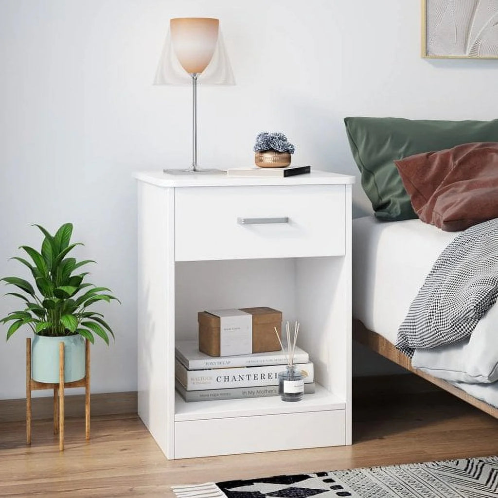 White Nightstand with Drawer and Storage Shelf E655