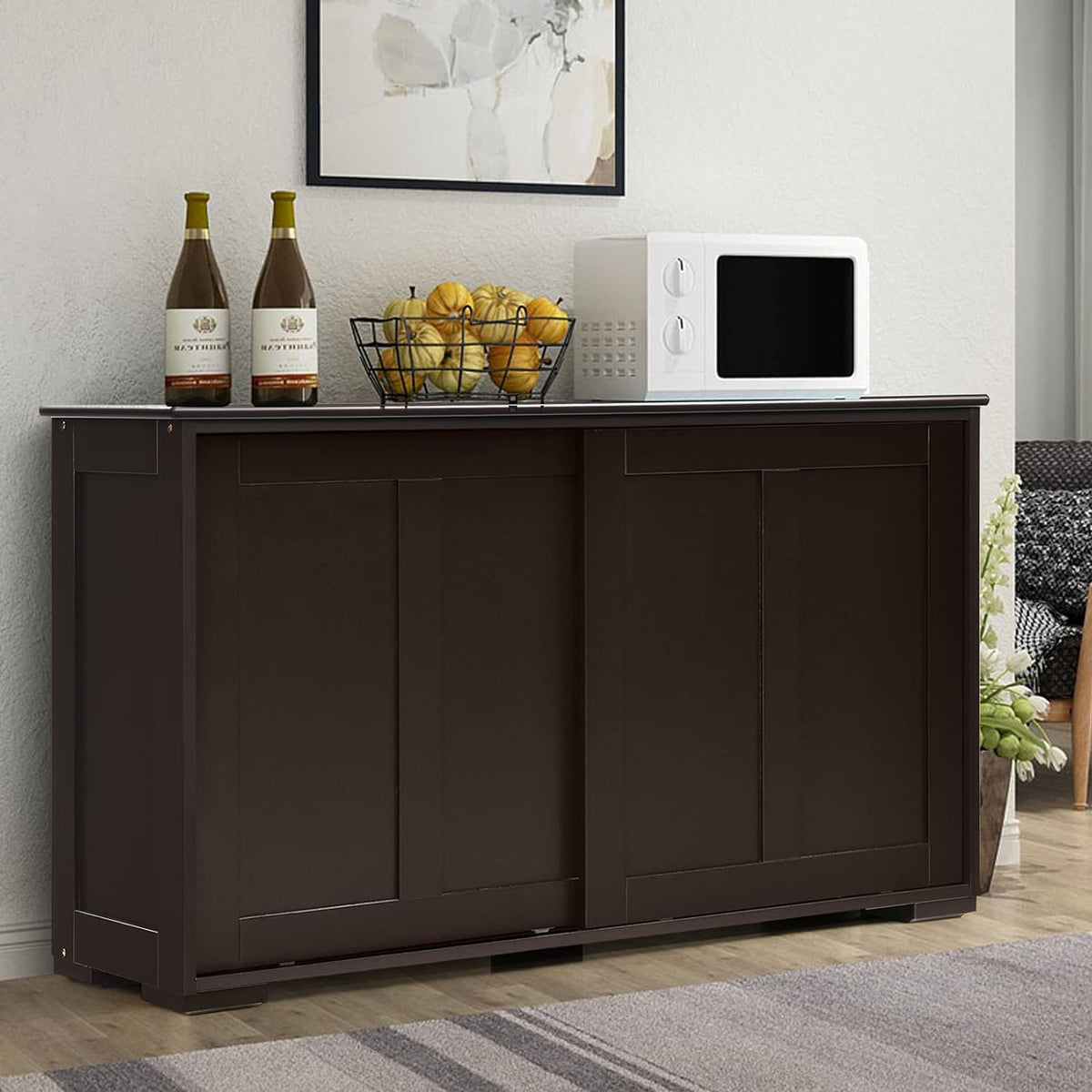 Brown Double-Layer Sliding Slat Door Storage Cabinet W976344