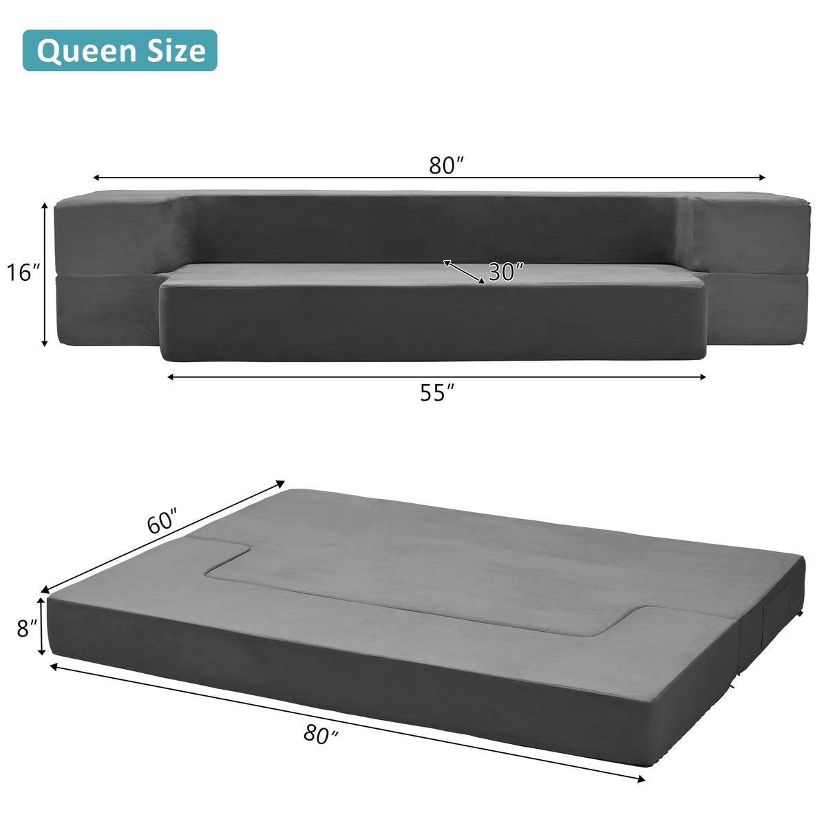 8 Inch Memory Foam Folding Sofa Bed Couch Dark Grey Queen S776