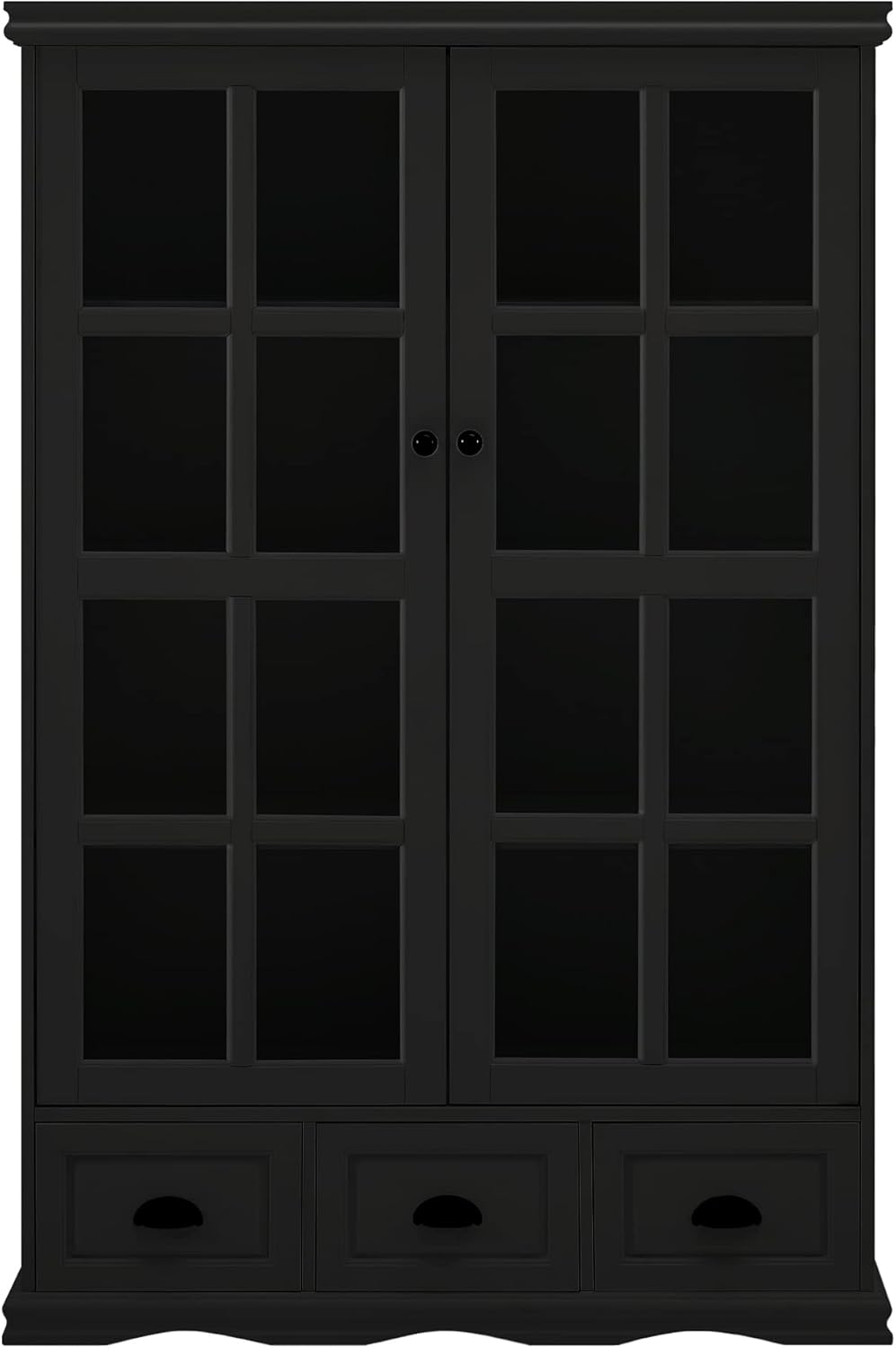 Black Storage Cabinet with Tempered Glass Doors and Adjustable Shelf K82175