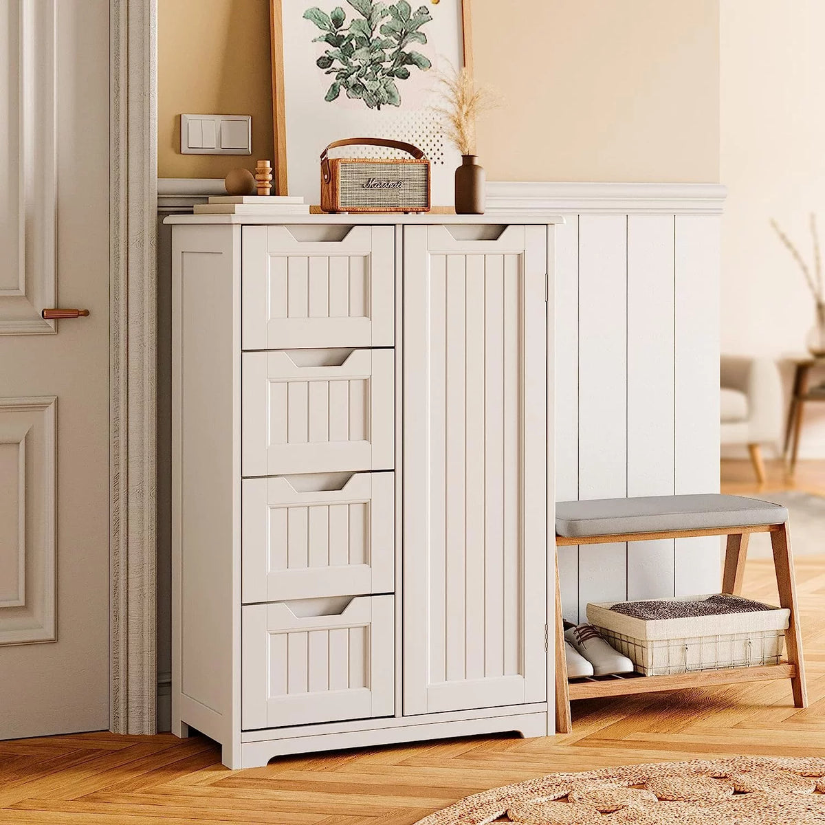 White 33" Wooden Storage Cabinet with Door and 4 Drawers P69854