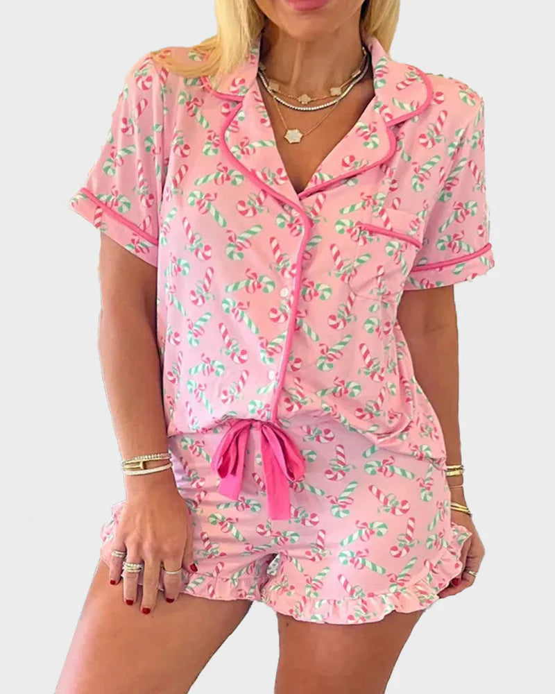 Christmas Candy Cane Print Pajama Short Set J119