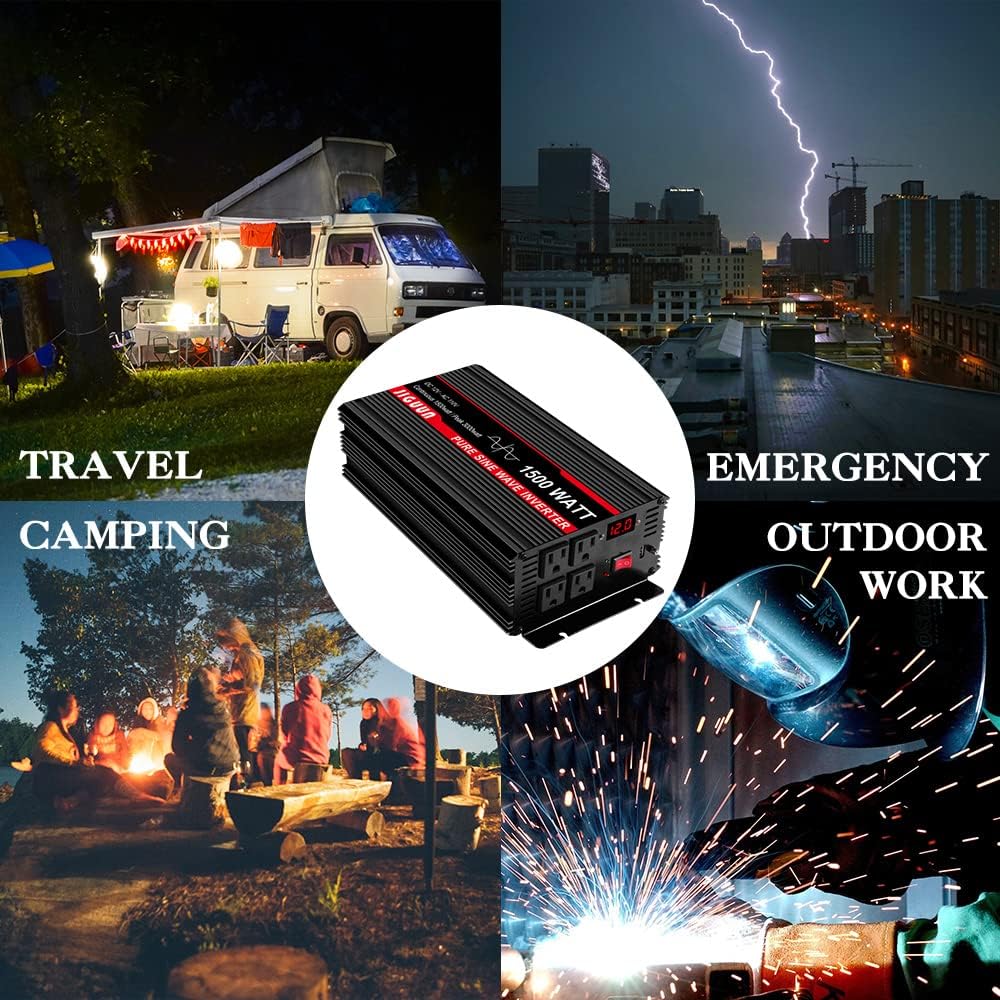 Pure Sine Wave Inverter 1500 Watt DC 12V to AC 120V with LCD, 4 AC Outlets & USB Output, 170ft Wireless Control V77631