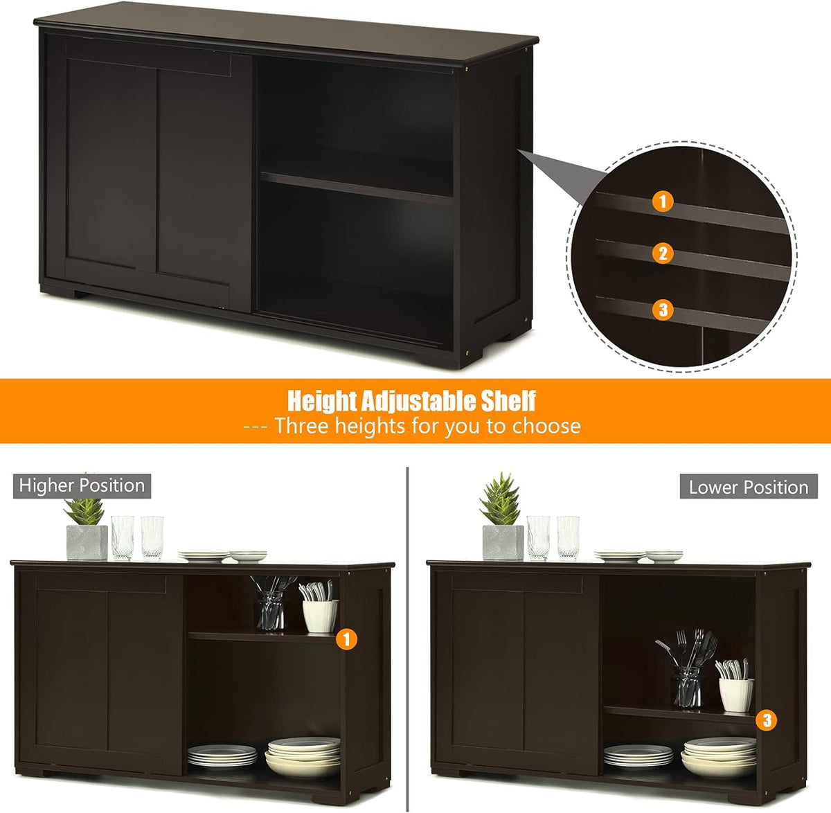 Brown Double-Layer Sliding Slat Door Storage Cabinet W976344